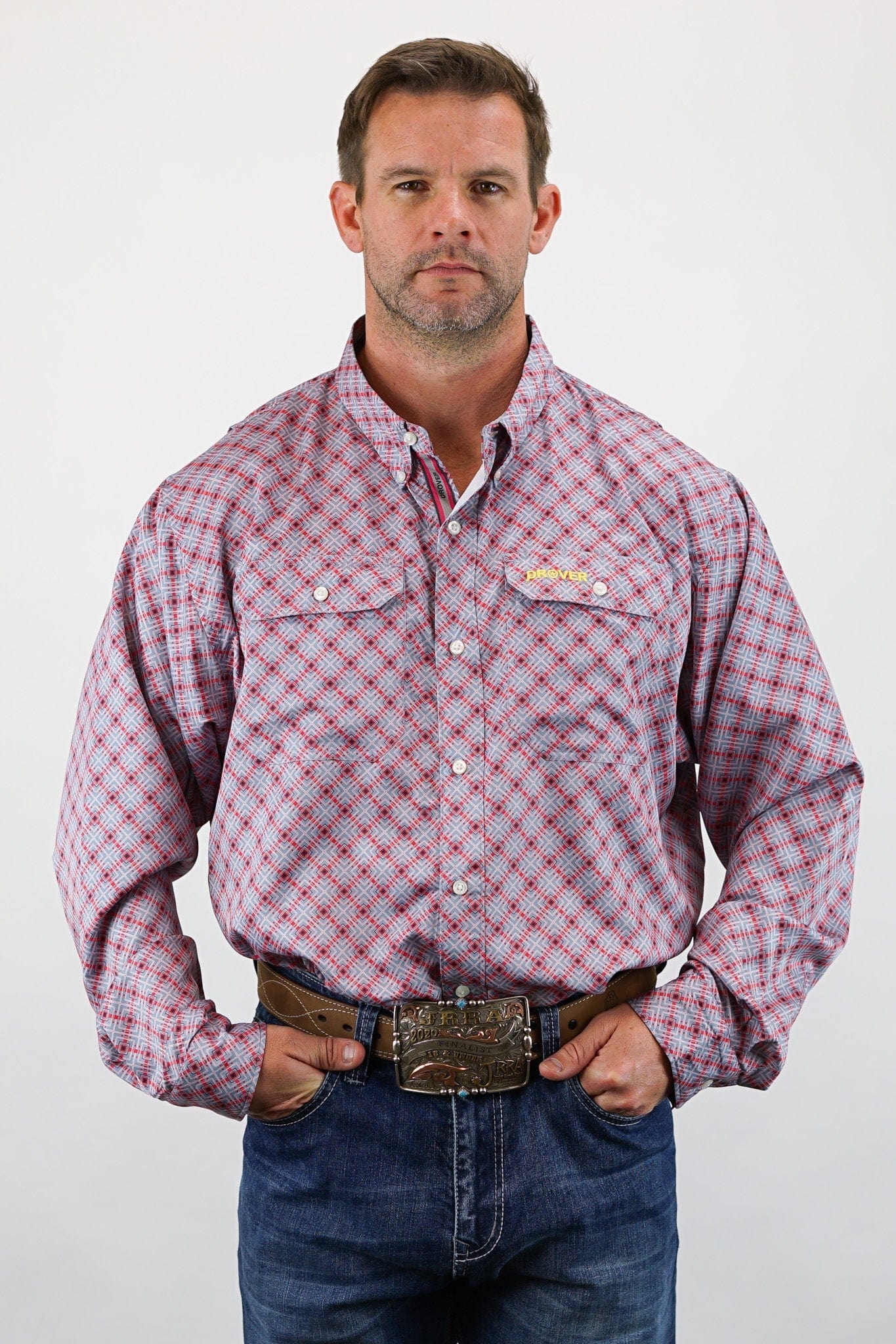 Signature Series - Corral - Vented, Moisture Wicking, Red and Gray Print, Classic Fit Vented Shirt - Image 2