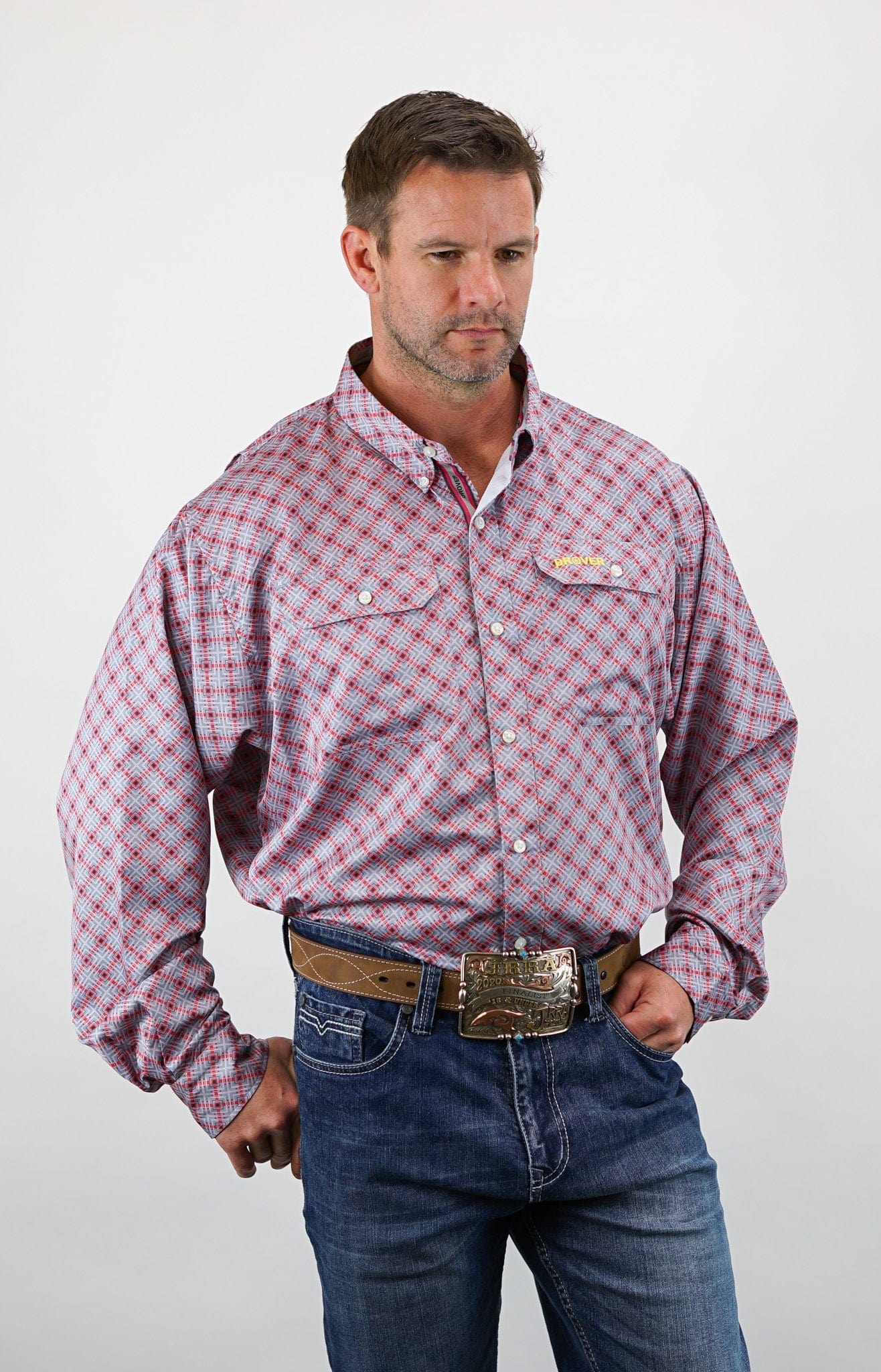 Signature Series - Corral - Vented, Moisture Wicking, Red and Gray Print, Classic Fit Vented Shirt - Image 3