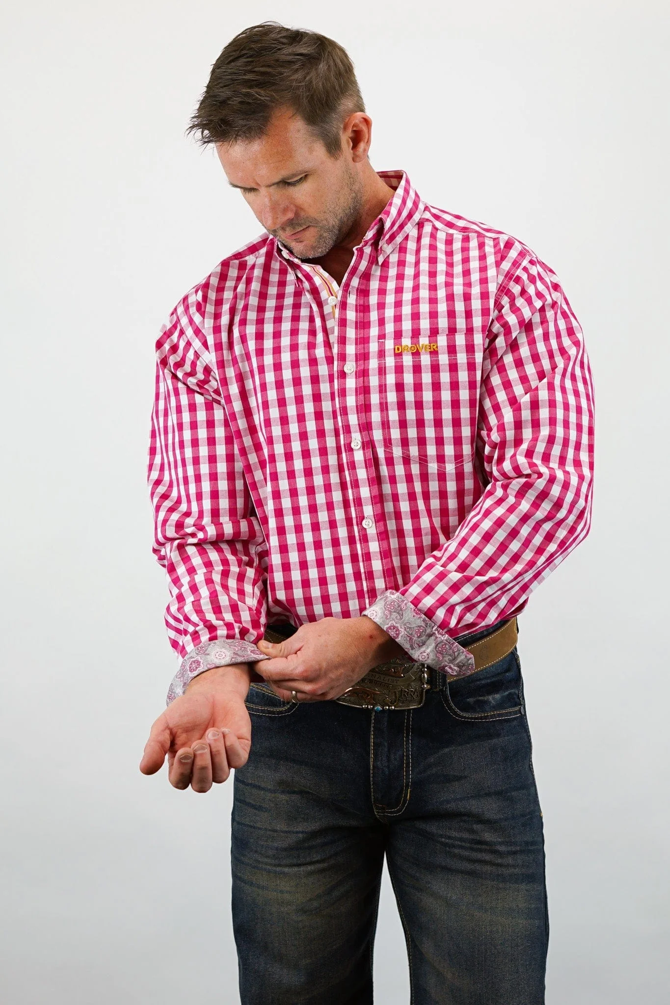 Signature Series - Mustang - Print, Option Cuff, Classic Fit Shirt (Maroon Check)