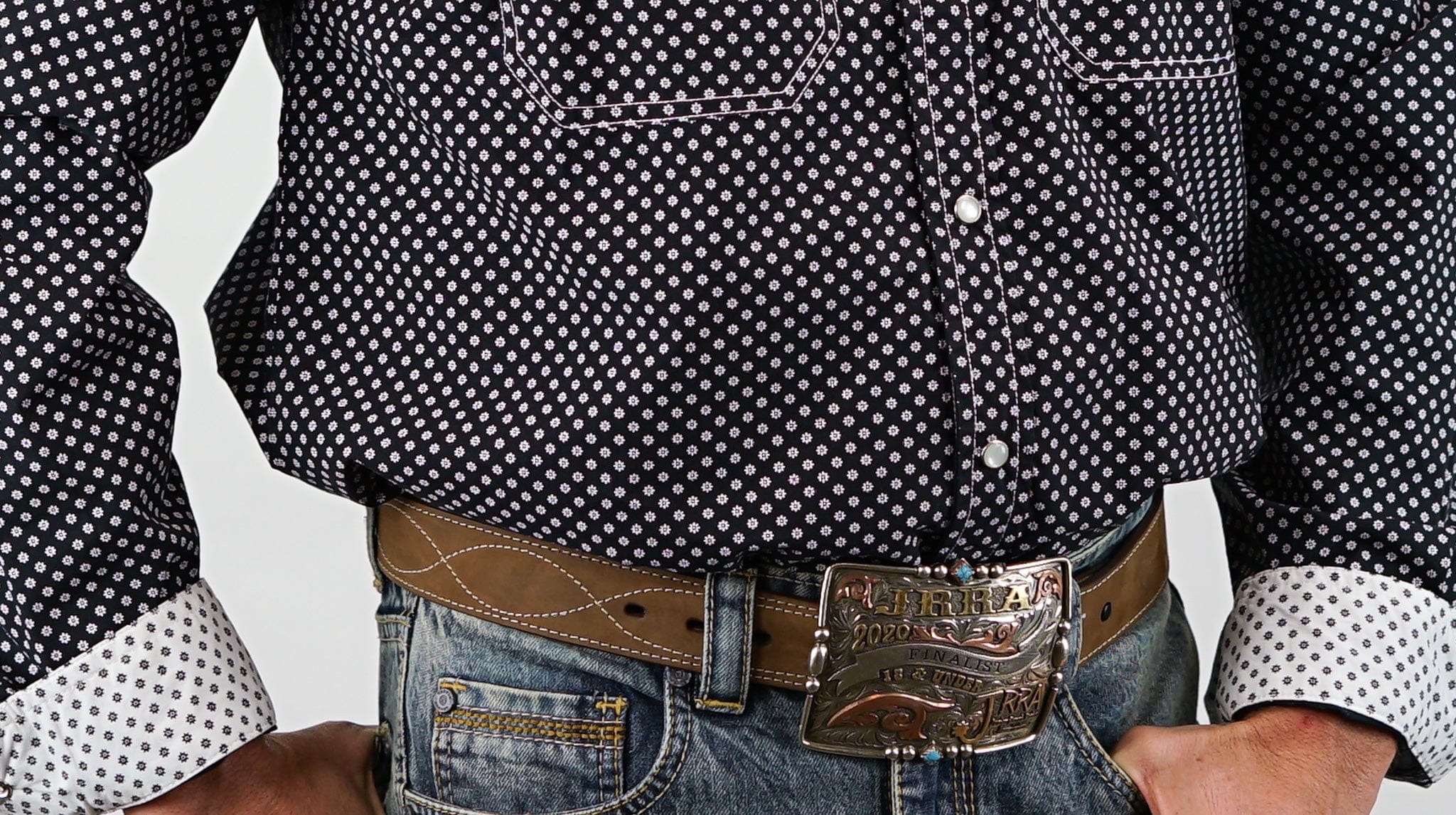 Signature Series - Stampede - Pearl Snap, Print, Option Cuff, Classic Fit Shirt (Black w/ White Flowers) - Image 3
