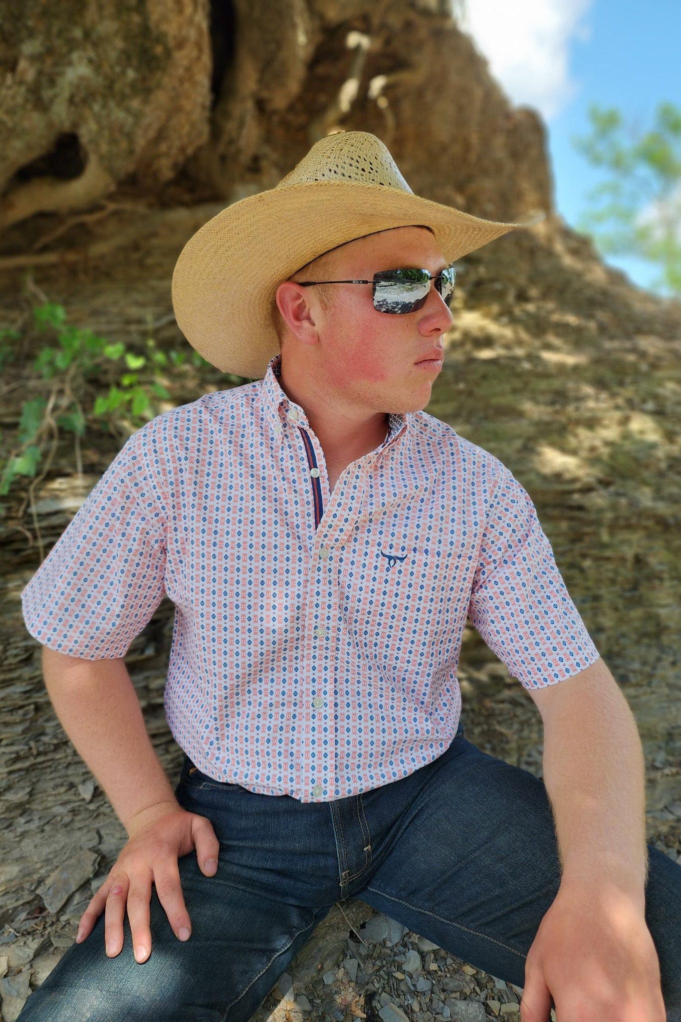 Signature Series - Vaquero - Red White and Blue Aztec Print, Classic Fit Short Sleeve Shirt
