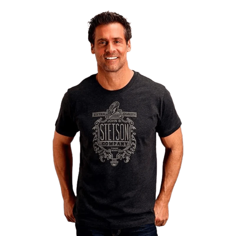 Stetson Men's Dark Gray Cotton Blend Logo Short Sleeve Graphic T-Shirt 11-076-0562-0859 BL