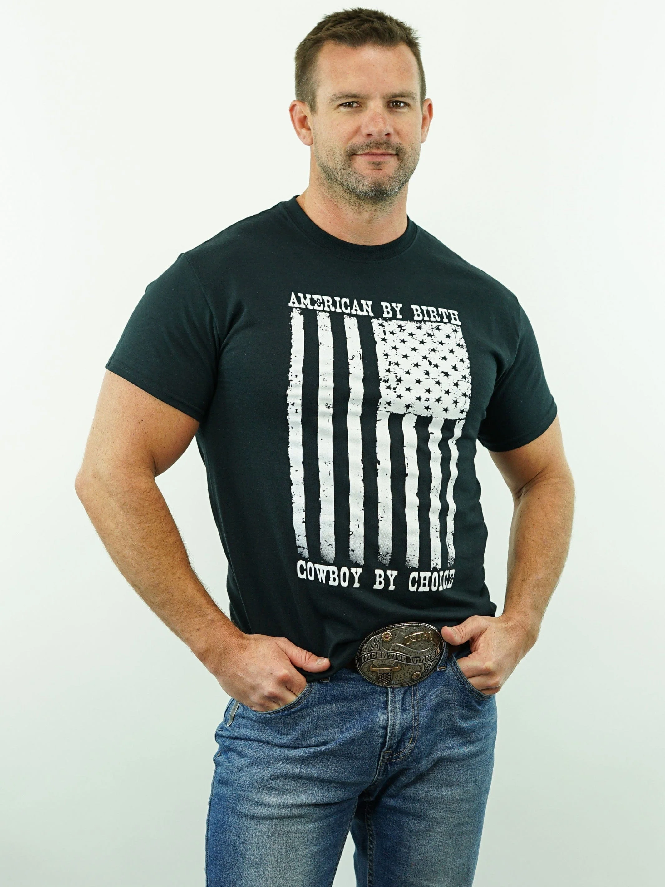 T-Shirt - American By Birth, Cowboy By Choice - Black