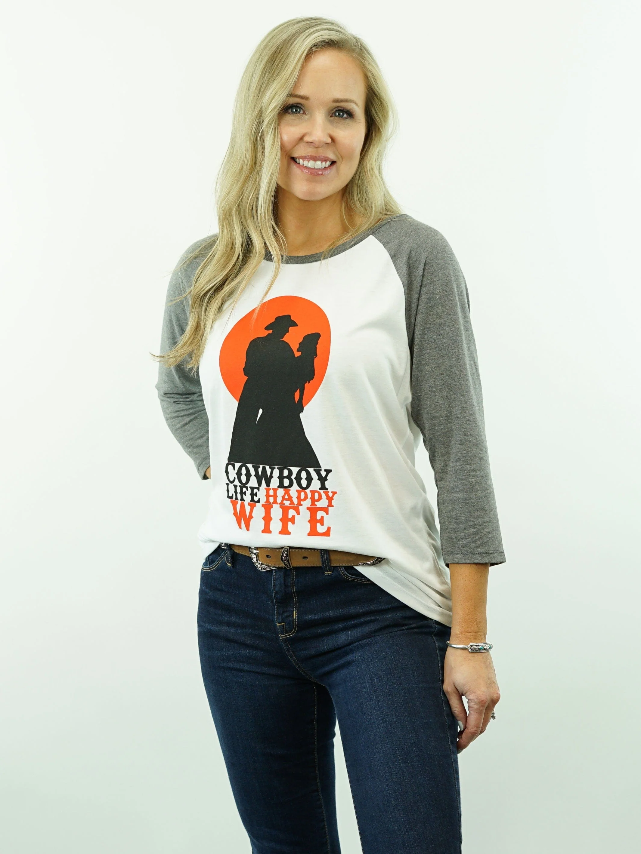 T-Shirt - Cowboy Life Happy Wife - Two Color, 3/4 Sleeve, Women's Cut - Image 2