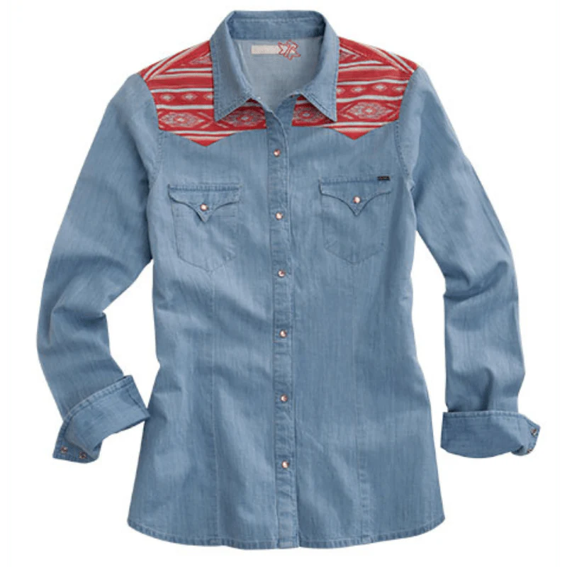 Tin Haul Women's Denim Aztec Print Long Sleeve Western Snap Shirt 10-050-0060-0605 BU