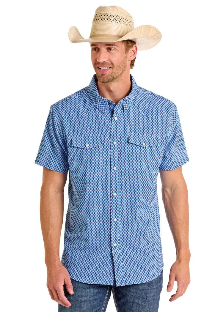 Panhandle Slim Men's Blue Diamond Short Sleeve Snap Performance Shirt TMN3S06655