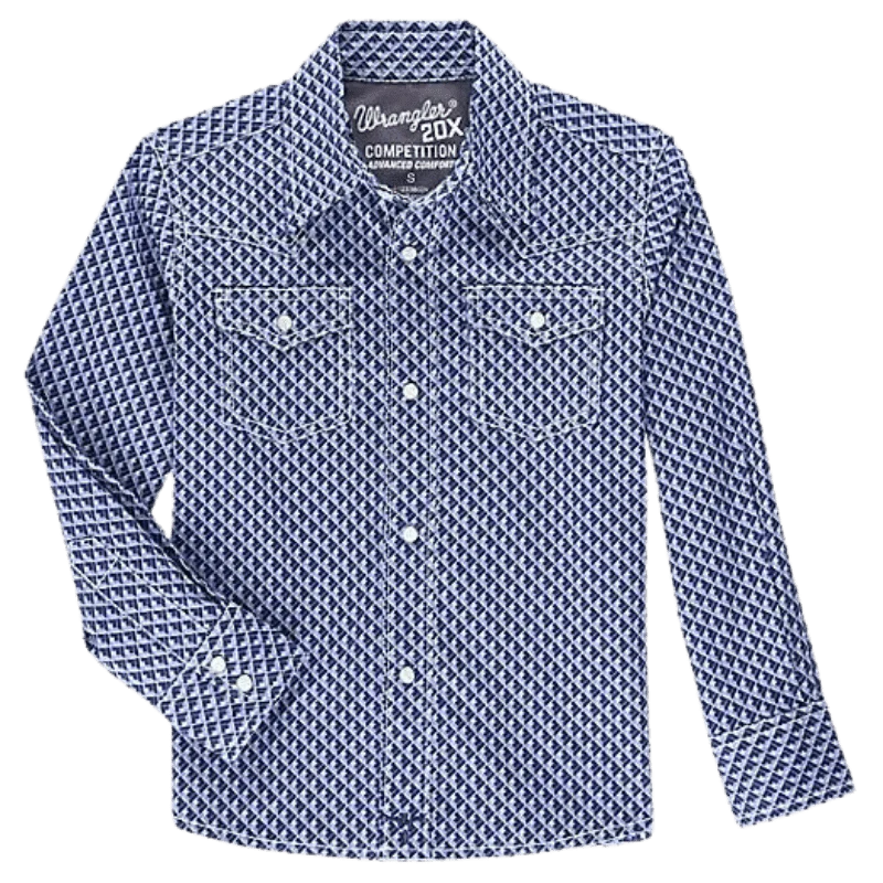 Wrangler Boys 20X Advanced Comfort Midnight Squares Print Long Sleeve Western Snap Shirt 112338024