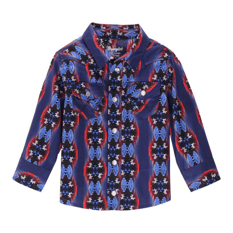 Wrangler Little Boys Blue Checotah Print Long Sleeve Western Snap Shirt 112338161