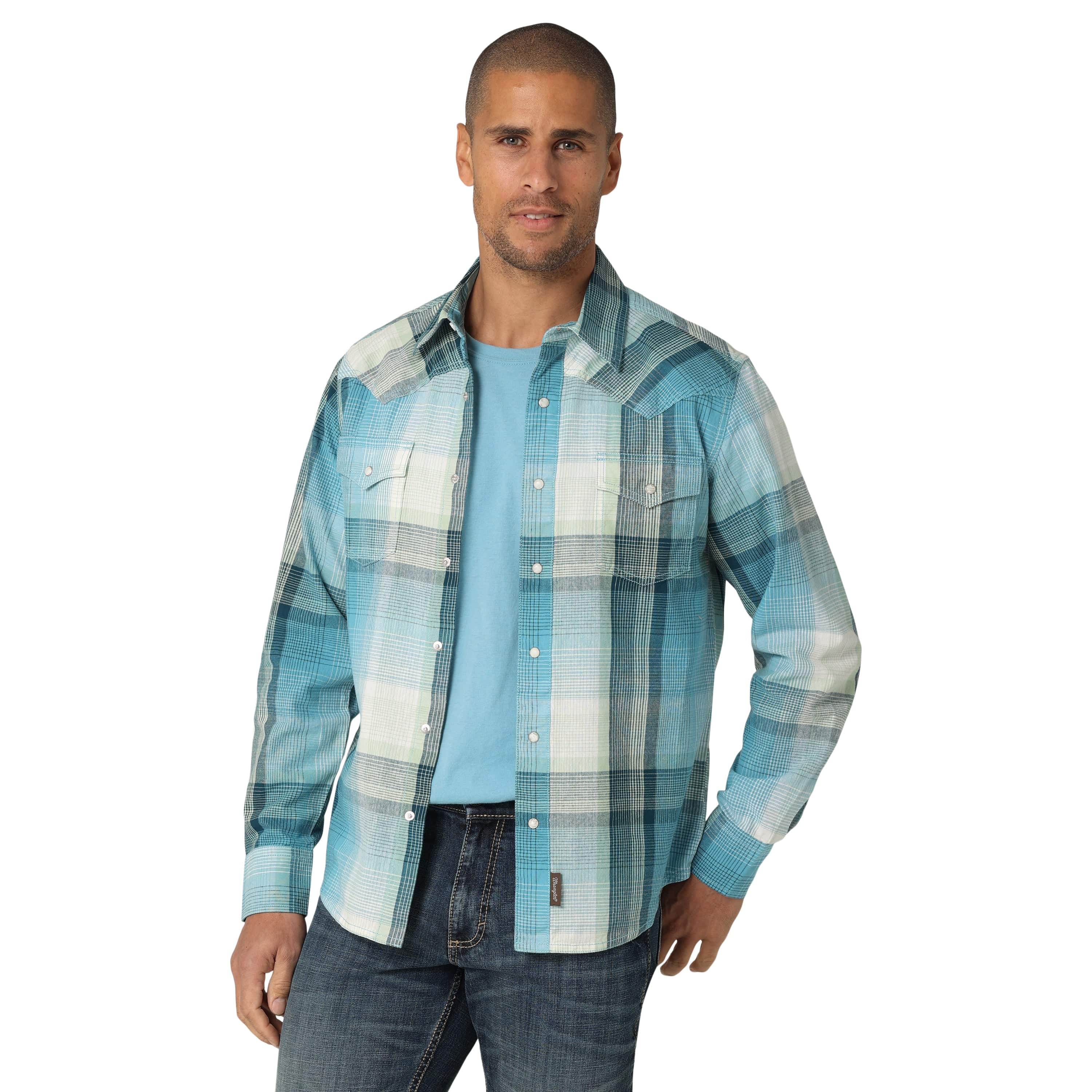 Wrangler Men's Blue Light Plaid Slim Fit Long Sleeve Snap Shirt 112324851