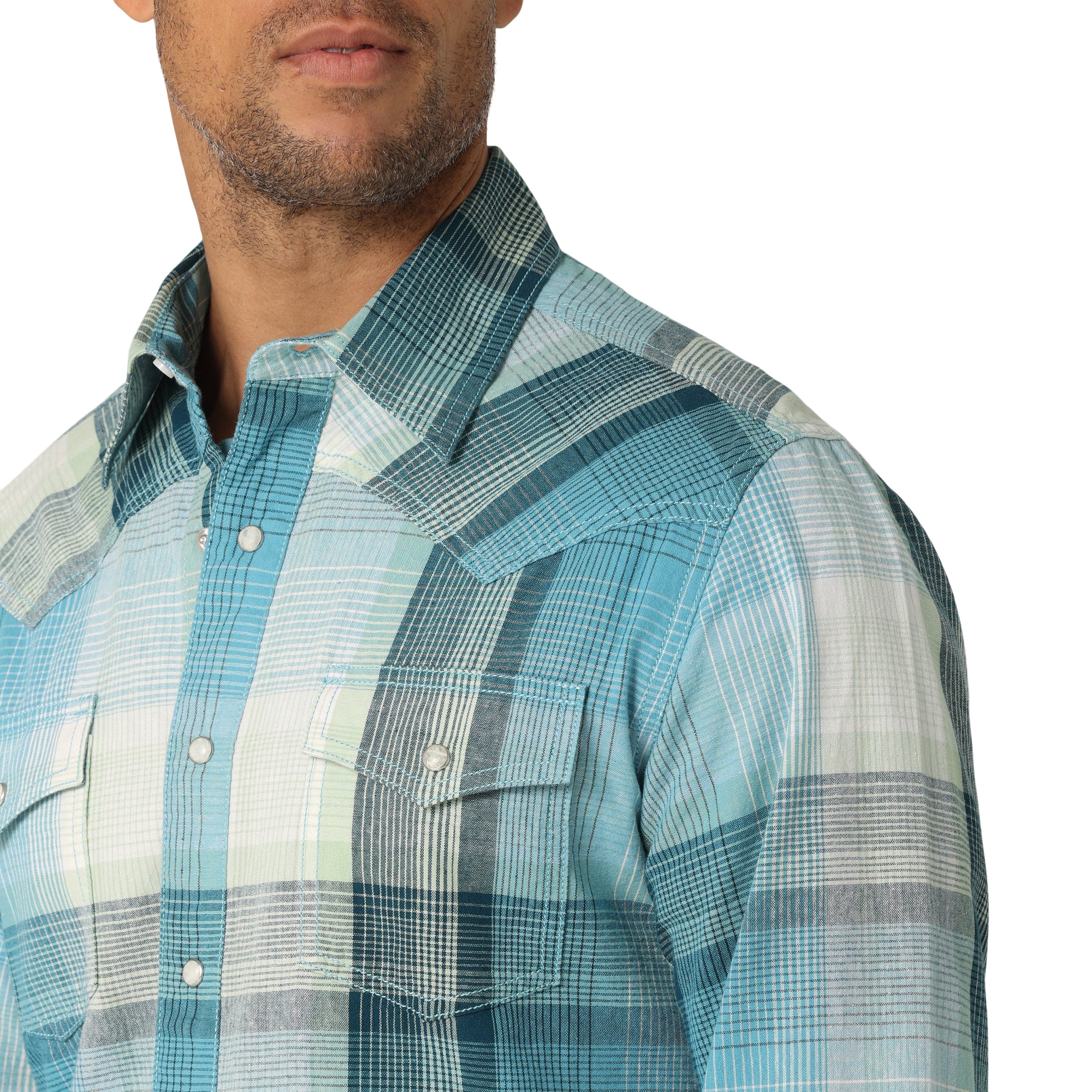 Wrangler Men's Blue Light Plaid Slim Fit Long Sleeve Snap Shirt 112324851 - Image 3