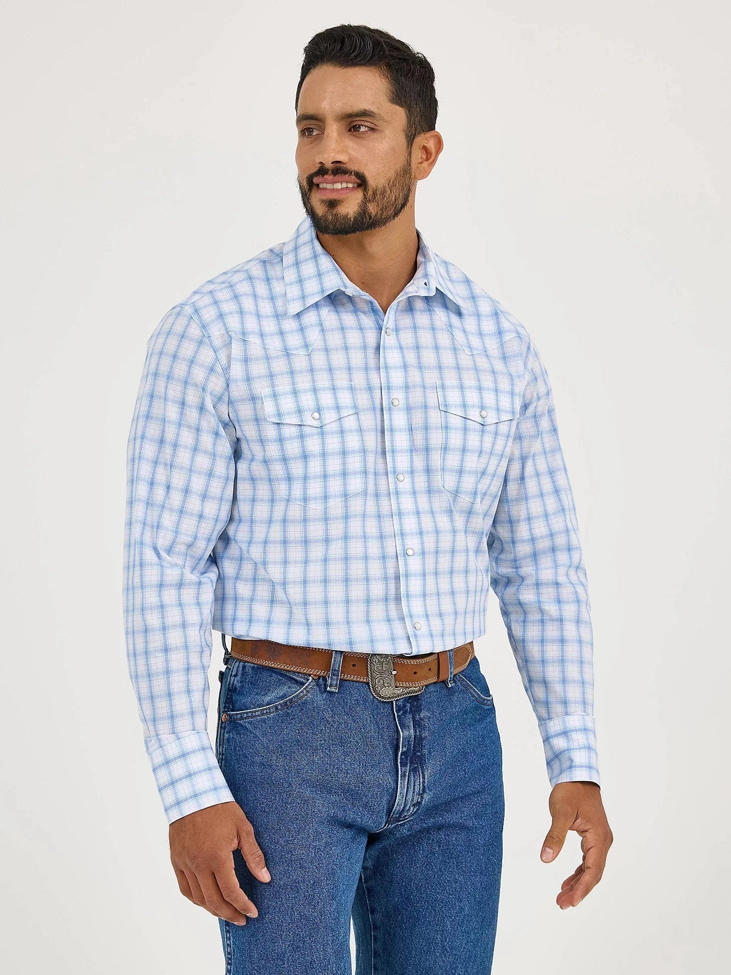 Wrangler Men's Wrinkle Resist Seaside Blue Plaid Long Sleeve Western Shirt 112365849