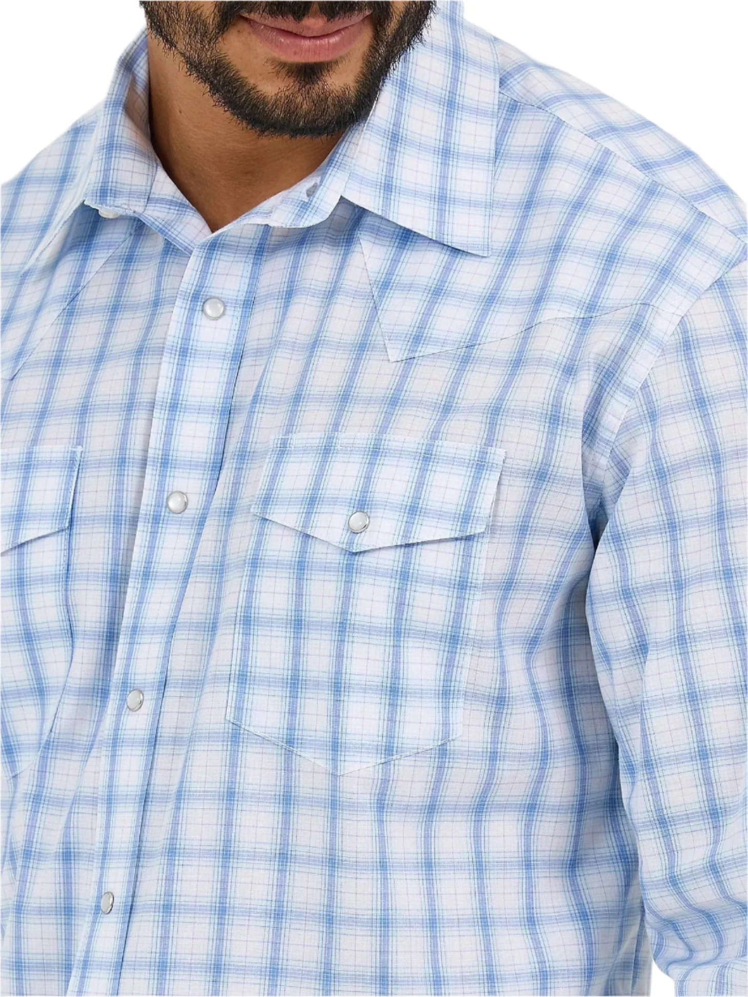 Wrangler Men's Wrinkle Resist Seaside Blue Plaid Long Sleeve Western Shirt 112365849 - Image 3