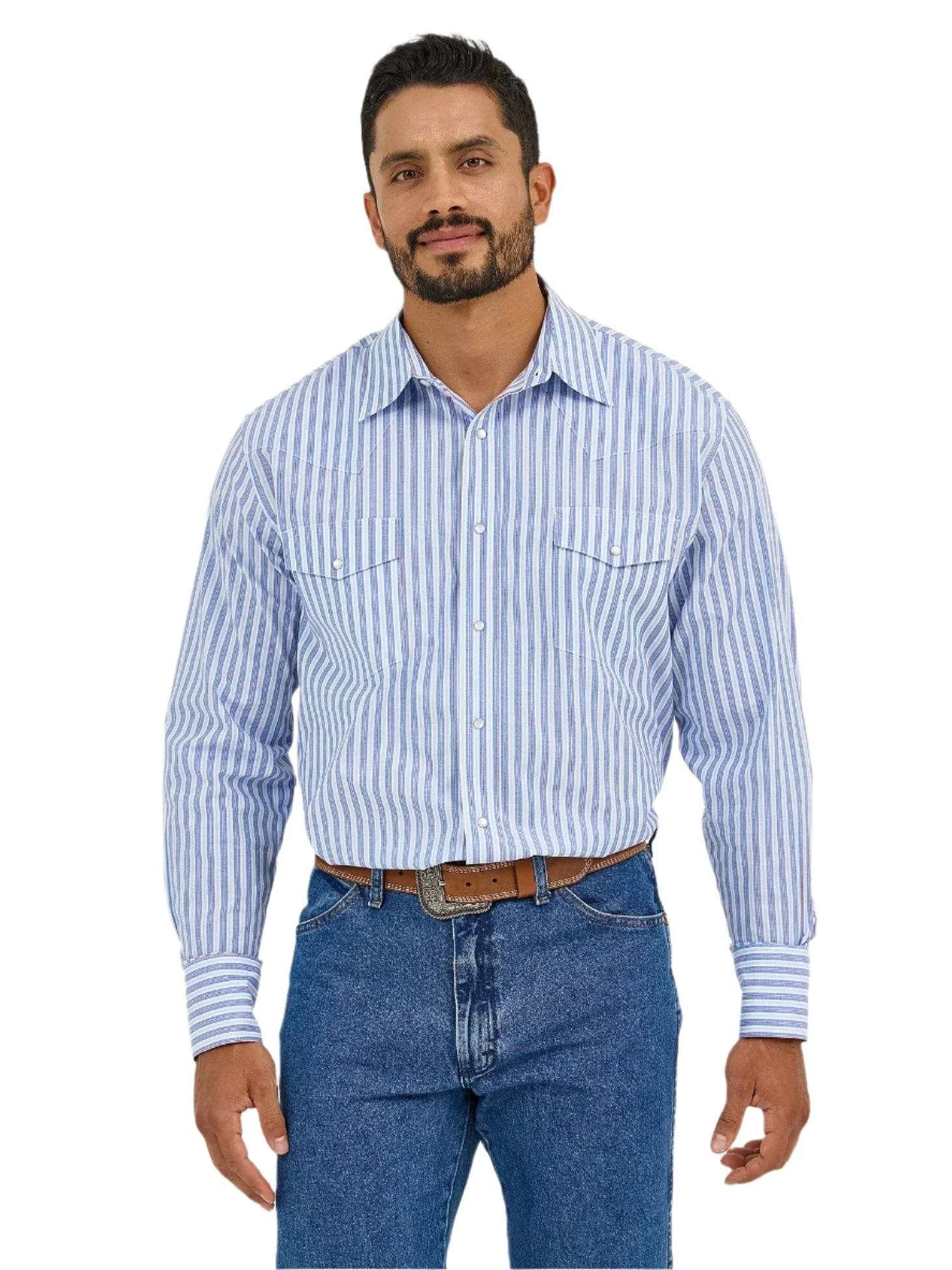 Wrangler Men's Wrinkle Resist Bold Blue Stripes Long Sleeve Western Snap Shirt 112365848