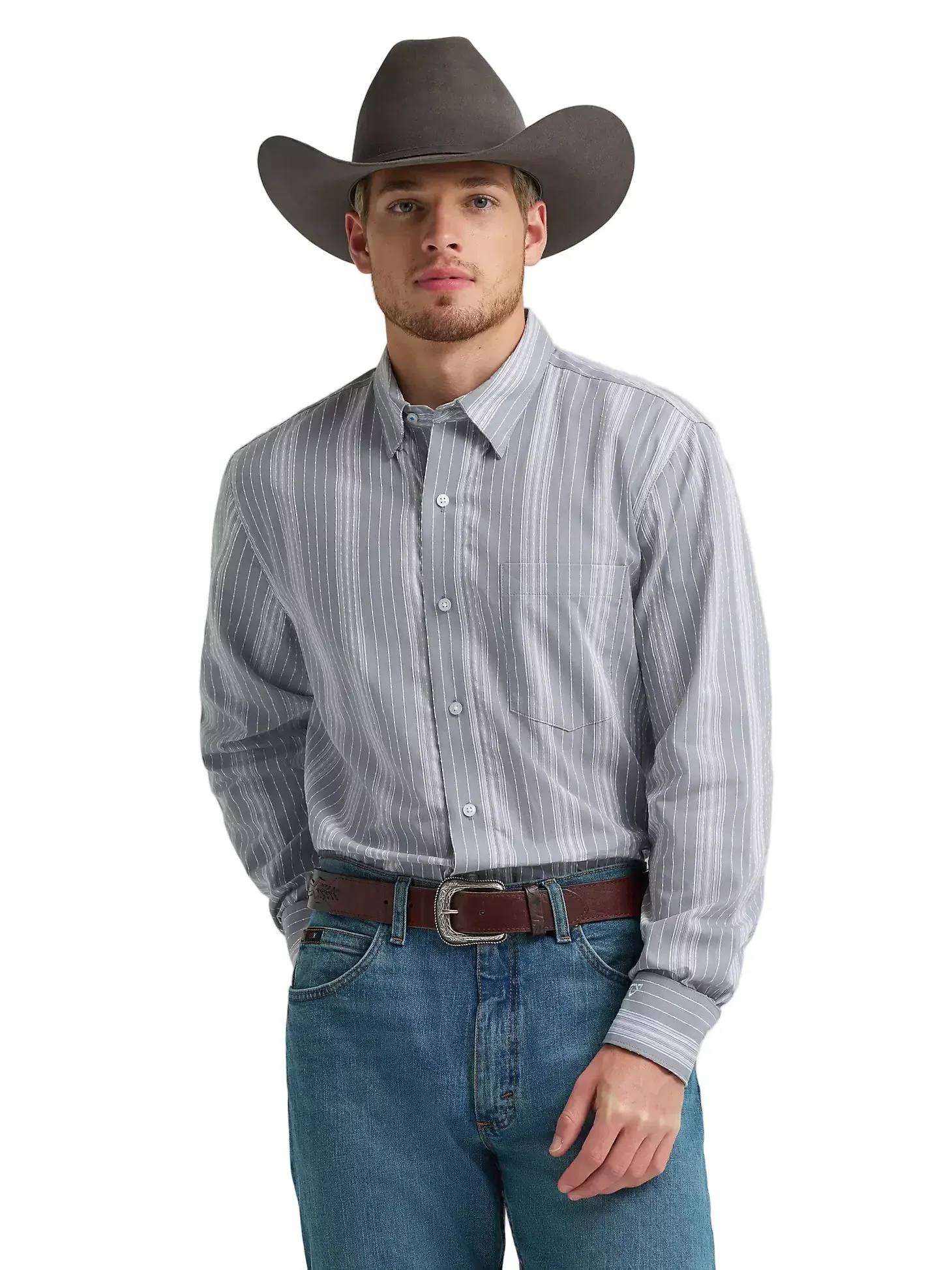 Wrangler Men's Charcoal Dobby Stripes Cody Johnson Button Down Shirt 112374477