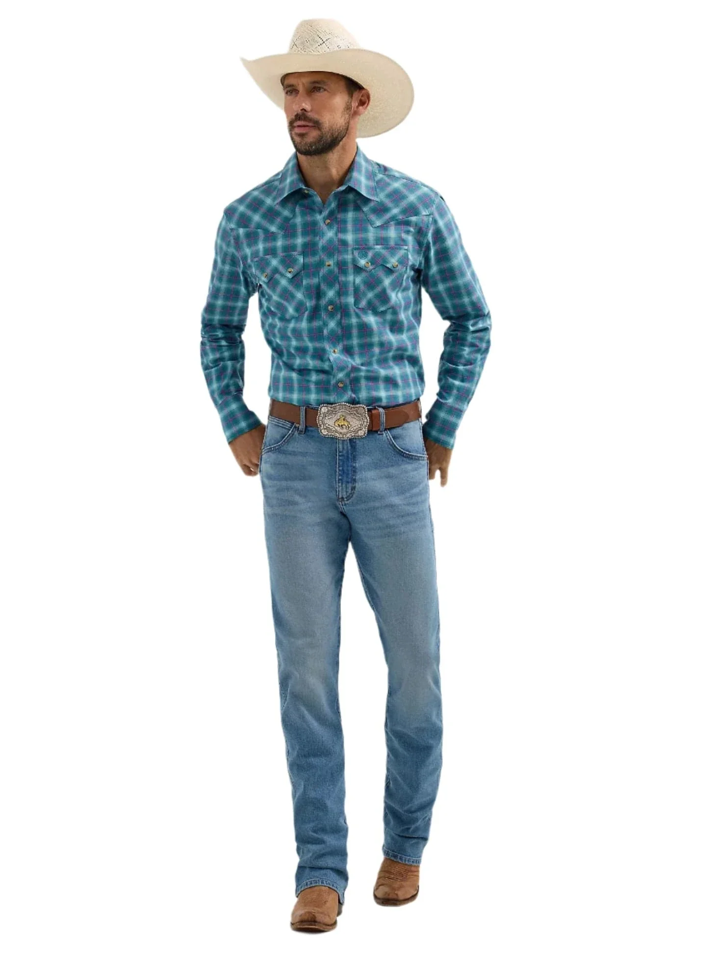 Wrangler Men's Contrast Turquoise Retro Long Sleeve Sawtooth Snap Western Shirt 112365833 - Image 2
