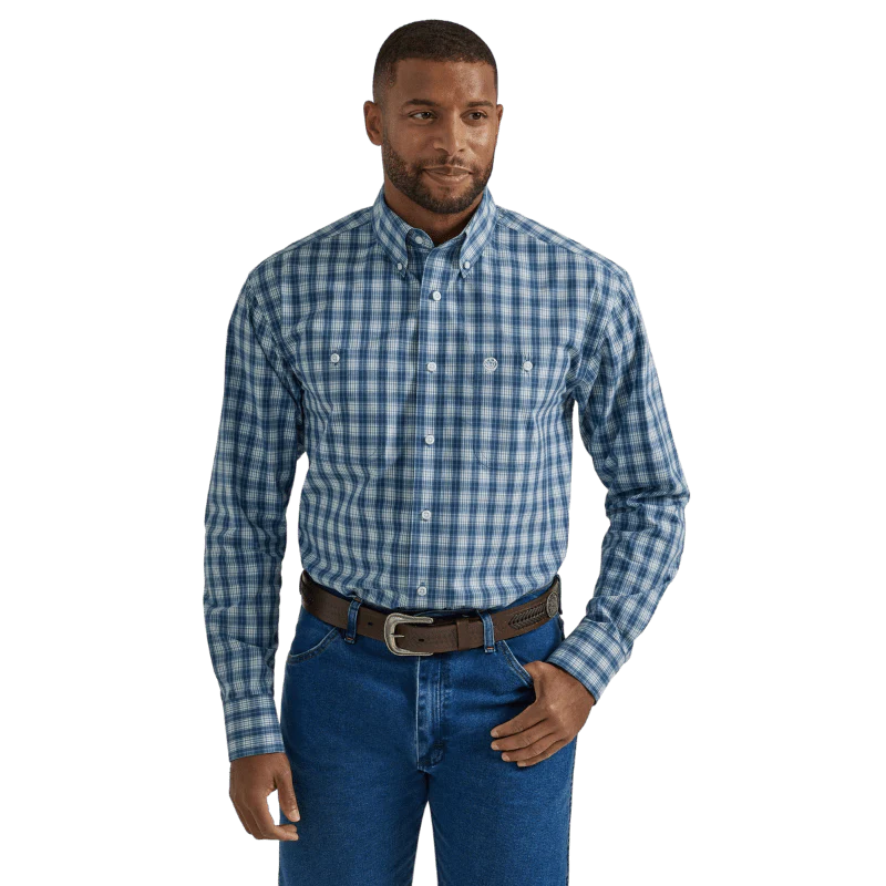 Wrangler Men's George Strait Blue Plaid Long Sleeve Button Down Western Shirt 112331813