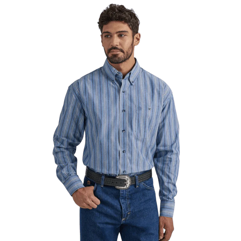 Wrangler Men's George Strait Blue Stripe Long Sleeve Western Shirt 112338098
