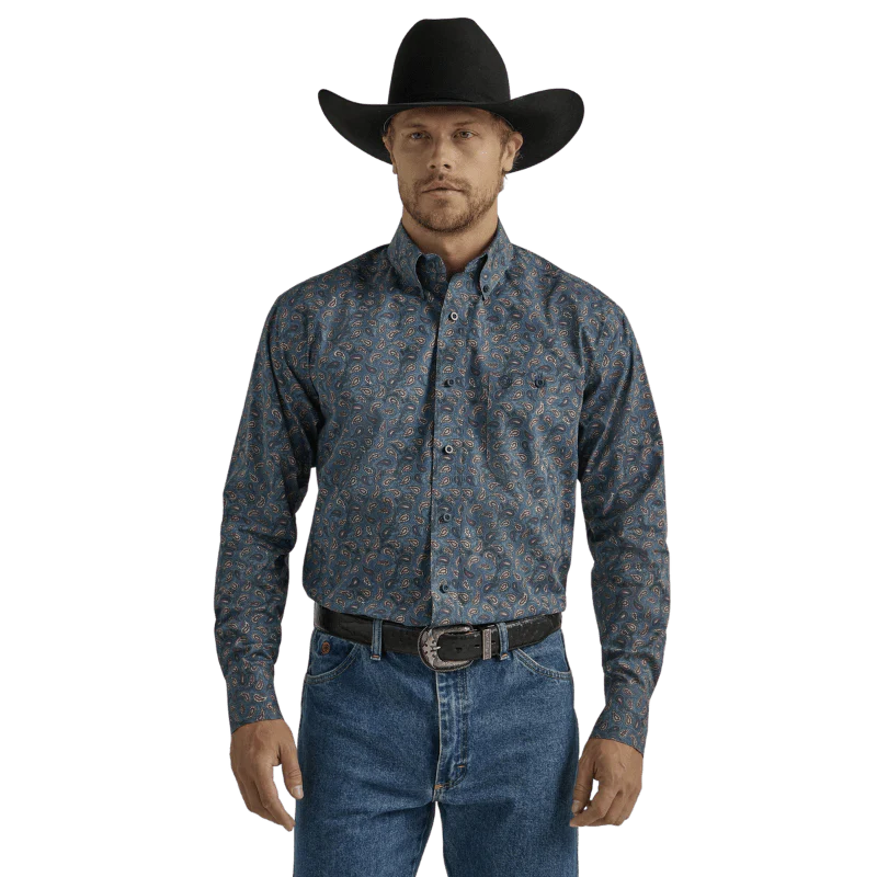 Wrangler Men's George Strait Navy Paisley Long Sleeve Button Down Western Shirt 112331808