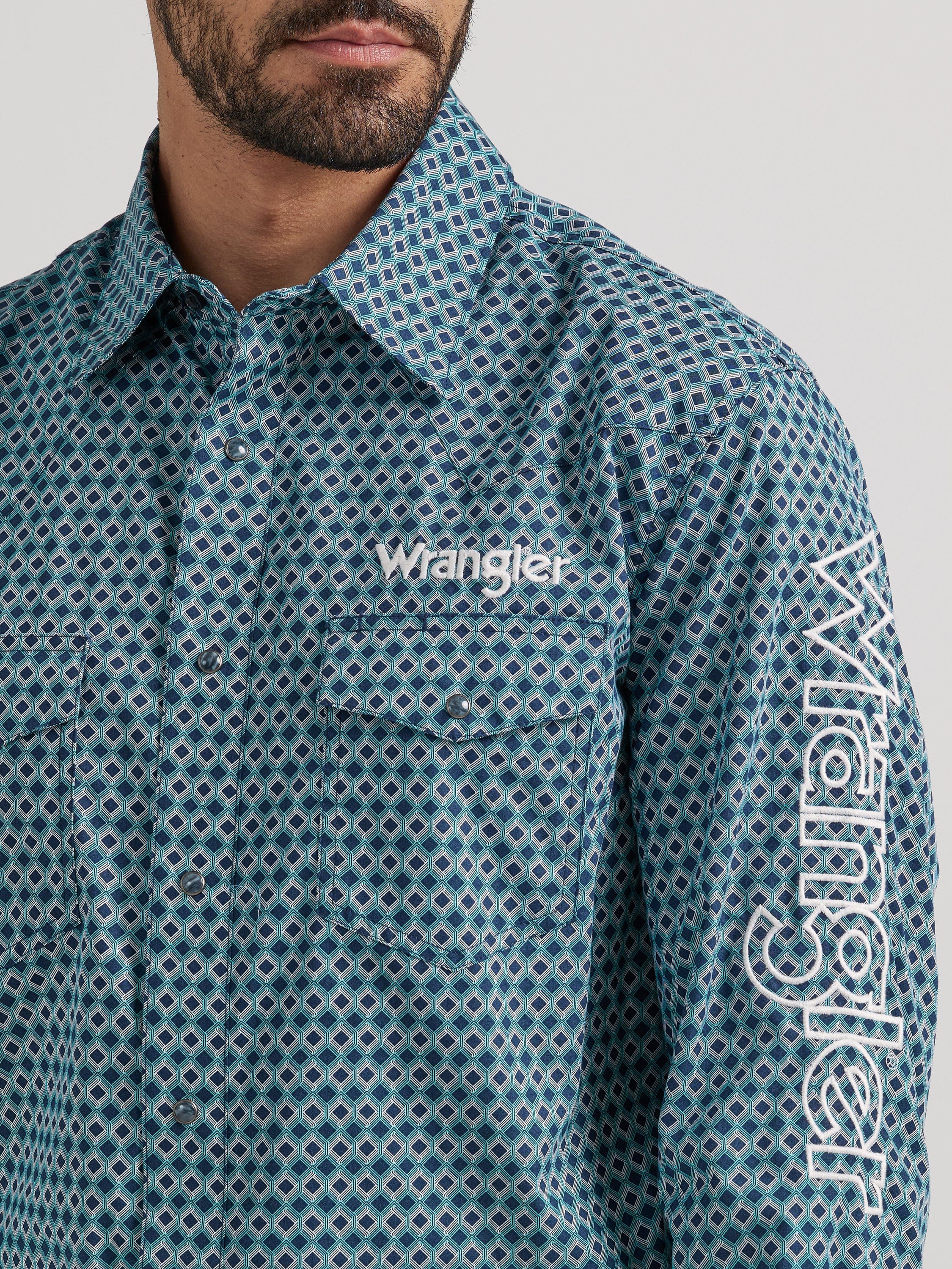 Wrangler Men's Logo Blue Diamonds Long Sleeve Western Snap Shirt 112337440 - Image 3
