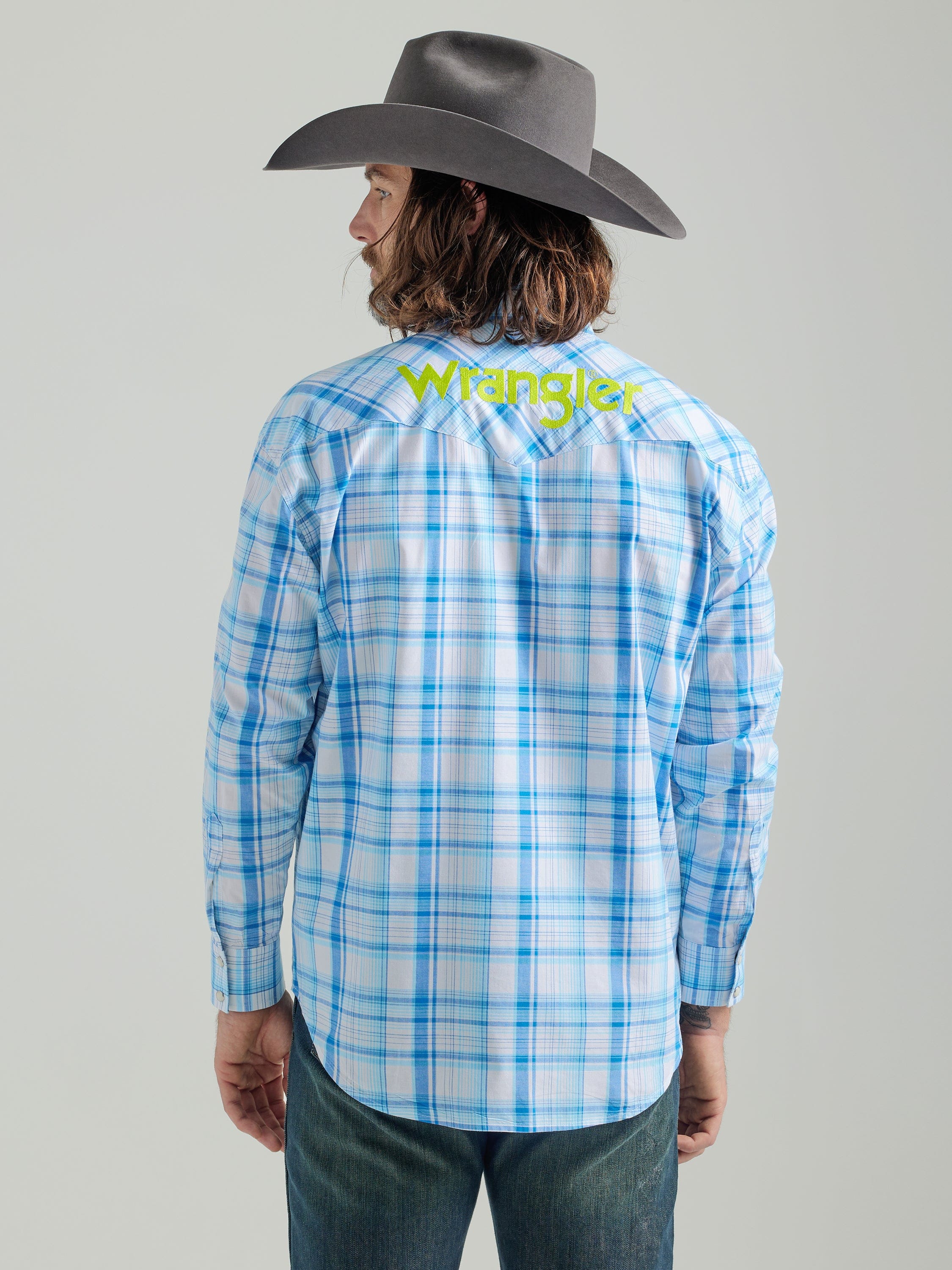 Wrangler Men's Logo Sea Blue Plaid Long Sleeve Western Snap Shirt 112324644 - Image 5