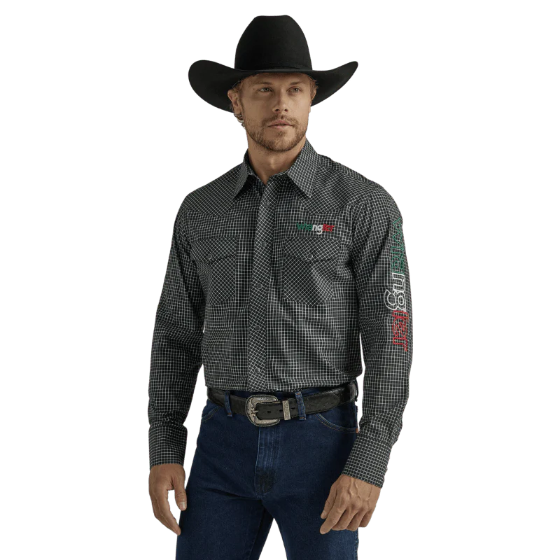 Wrangler Men's Mexico Black & White Plaid Print Embroidery Long Sleeve Western Shirt 112330376