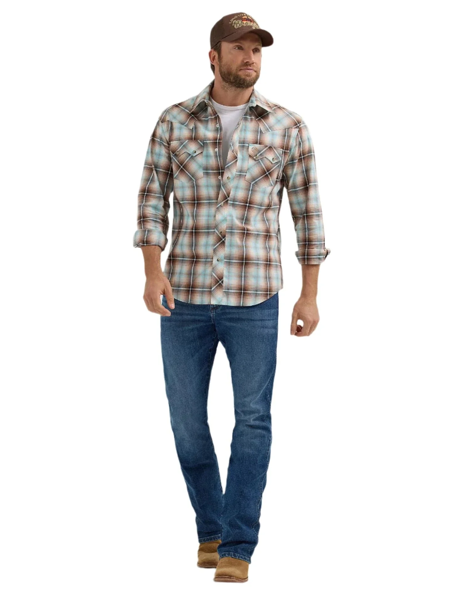 Wrangler Men's Tannin Plaid Retro Long Sleeve Sawtooth Snap Western Shirt 112365896 - Image 2