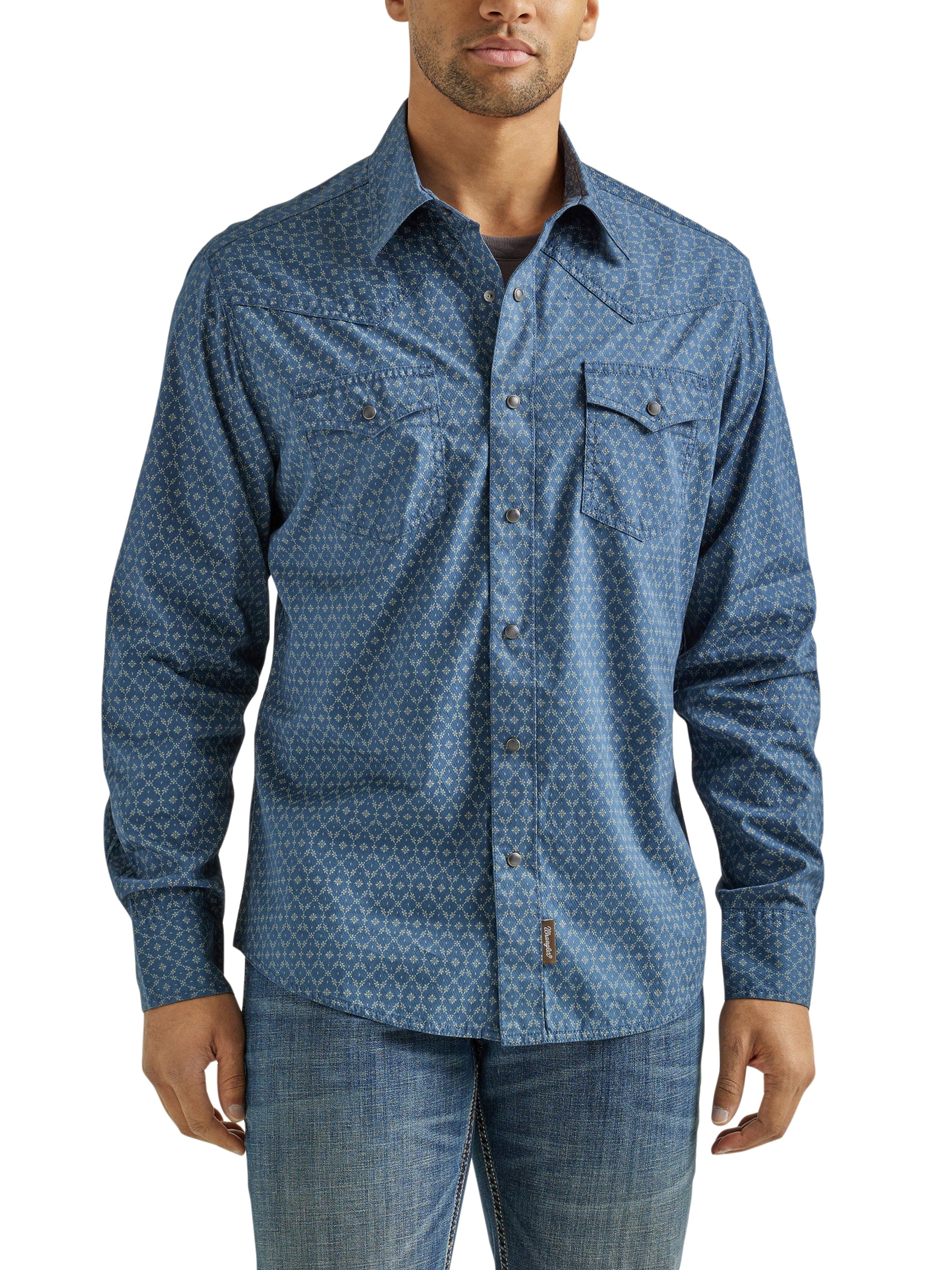 Wrangler Men's Retro Premium Blue Flower Chain Long Sleeve Western Snap Shirt 112338158 - Image 2
