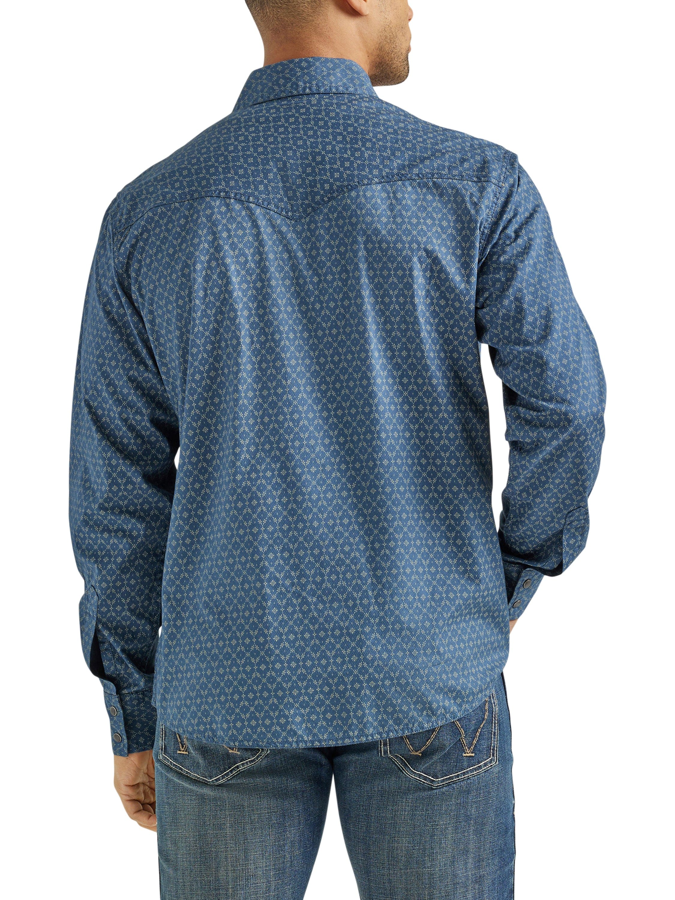 Wrangler Men's Retro Premium Blue Flower Chain Long Sleeve Western Snap Shirt 112338158 - Image 3