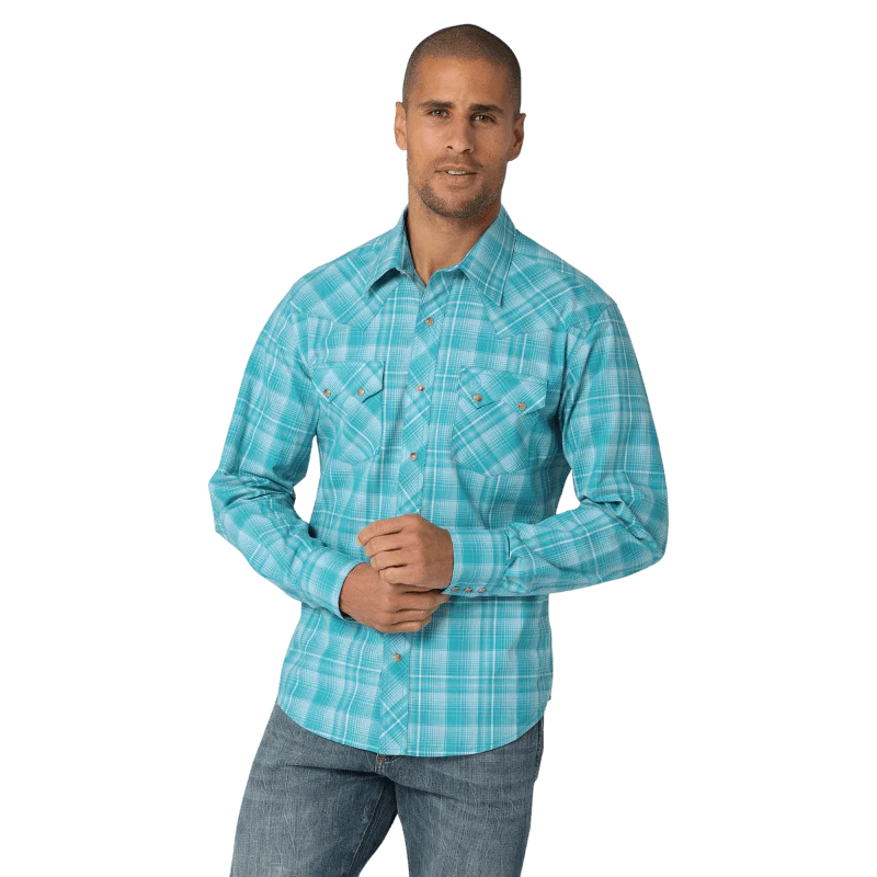 Wrangler Men's Teal Blue Slim Fit Long Sleeve Snap Shirt 112324670