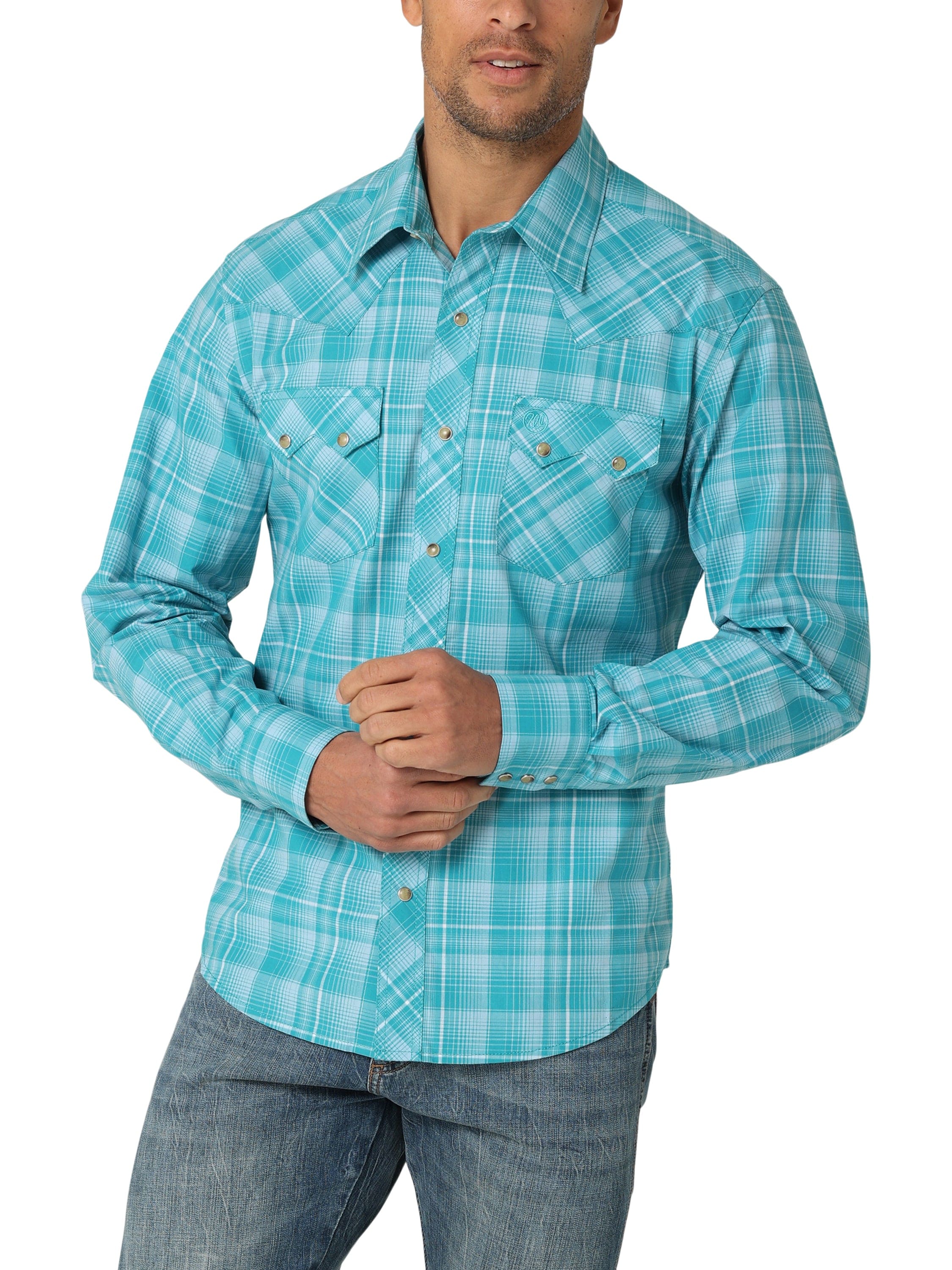 Wrangler Men's Teal Blue Slim Fit Long Sleeve Snap Shirt 112324670 - Image 2