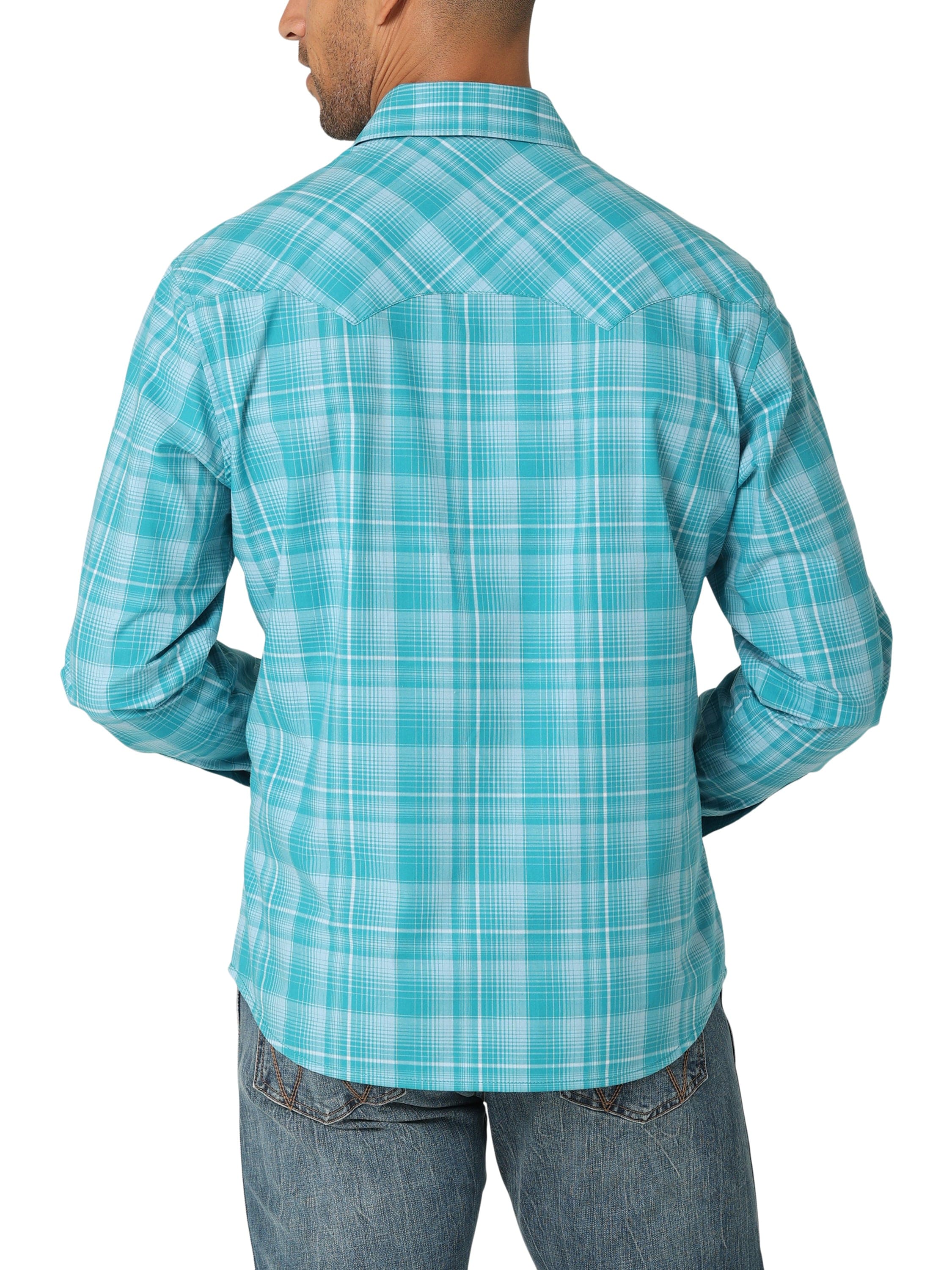 Wrangler Men's Teal Blue Slim Fit Long Sleeve Snap Shirt 112324670 - Image 3