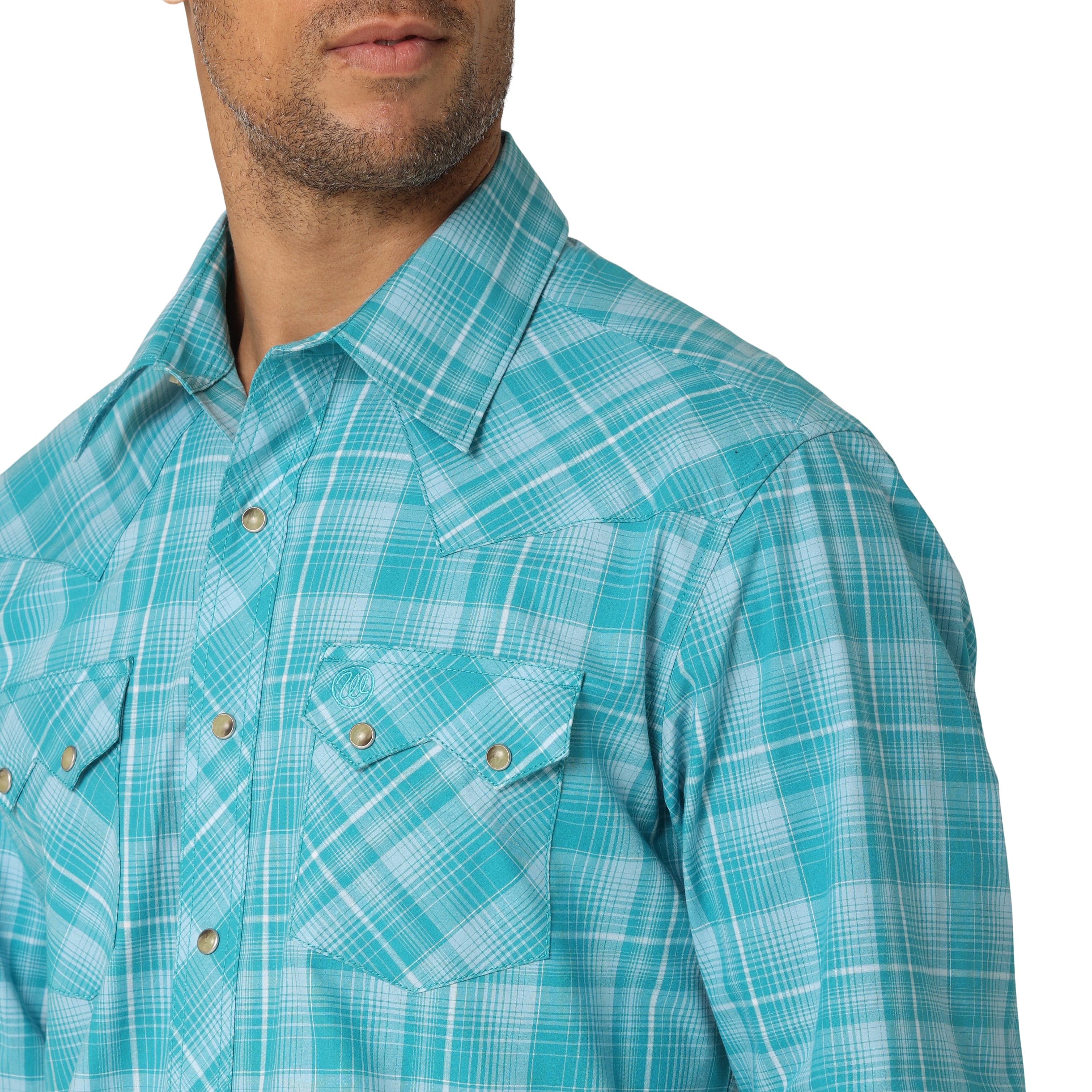 Wrangler Men's Teal Blue Slim Fit Long Sleeve Snap Shirt 112324670 - Image 4