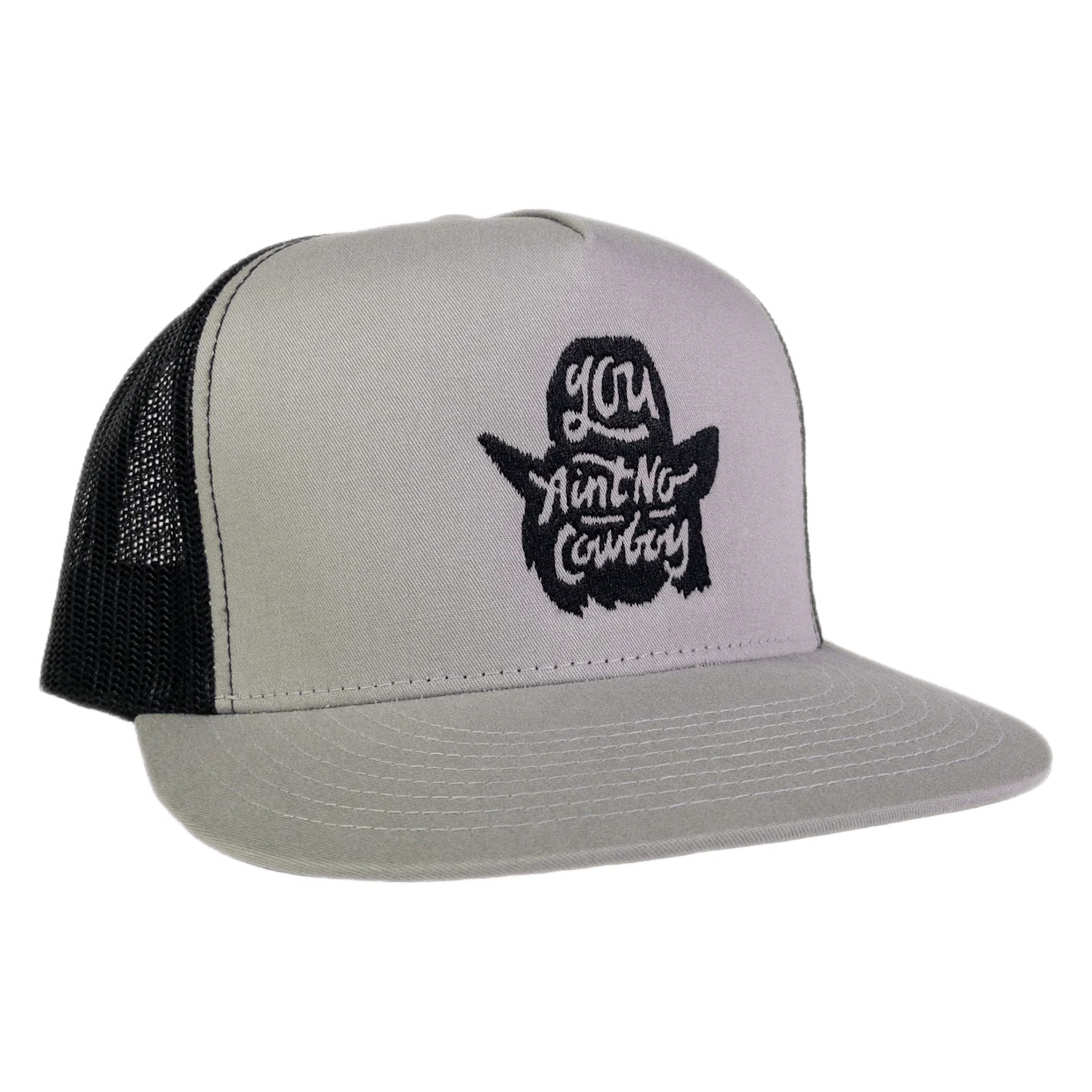 You Ain't No Cowboy Silhouette Silver and Black Mesh Flatbill